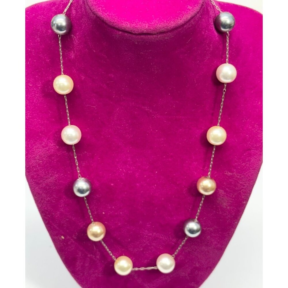 Kissaka silver chain faux pearl beaded collar necklace